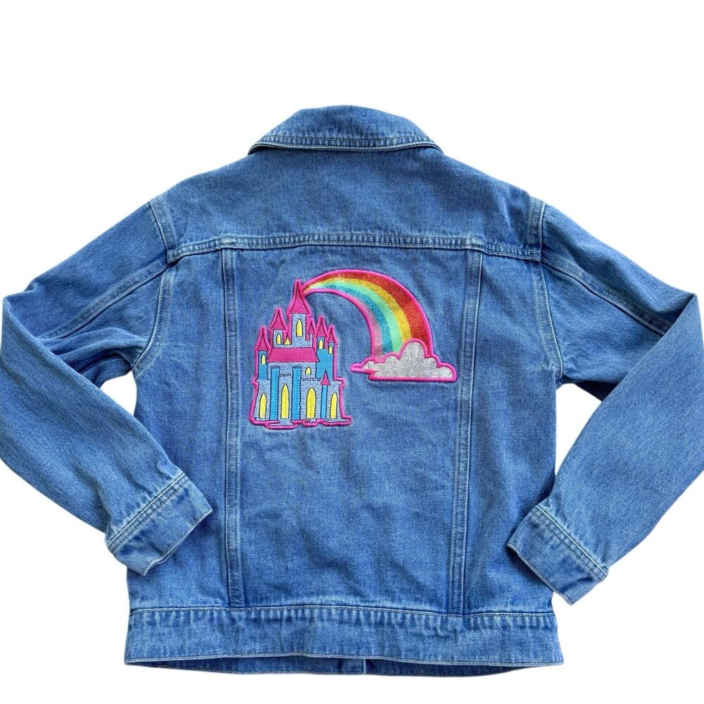 Disney Girls Jean Jacket Princess Theme Appliqué Castle Flounder Rainbow Sz 9/10